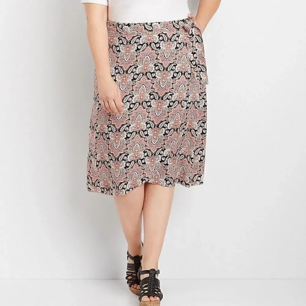 24W Boho Pink Paisley Wrap Skirt Midi Lightweight
